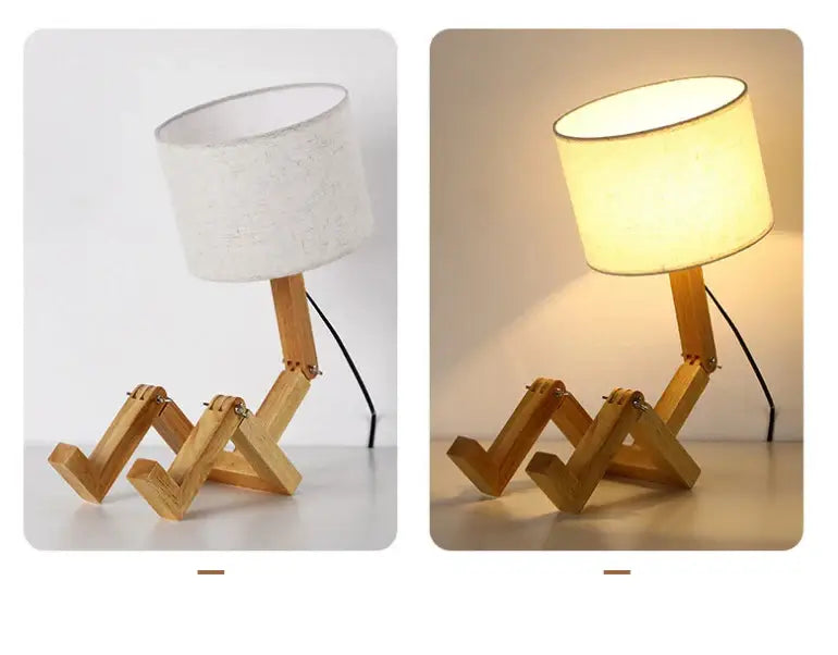 DecorBites wooden robot shape table lamp with white textured fabric shade and articulated legs for indoor study use