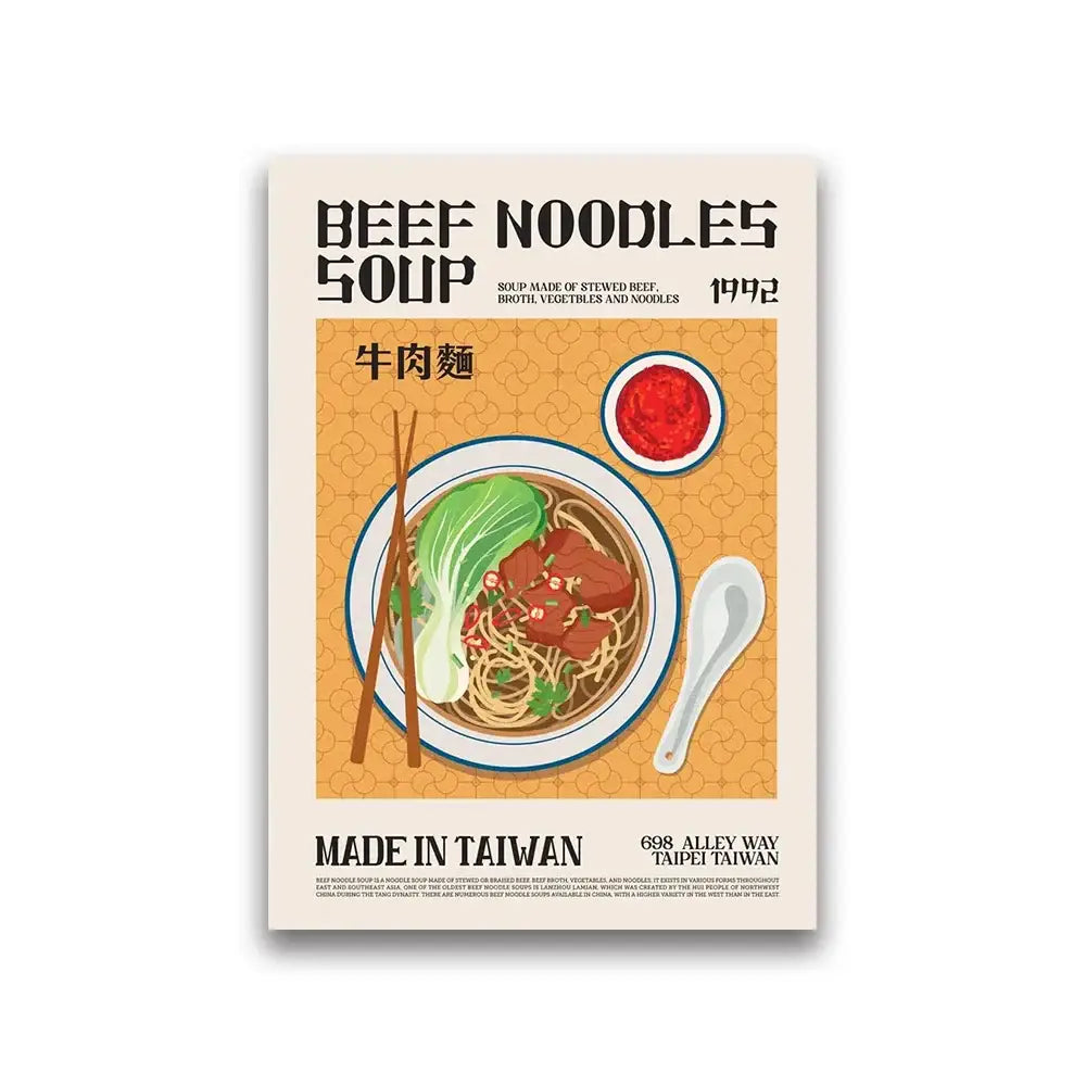 Decorbites™ world cuisine canvas painting featuring vintage beef noodles soup with chopsticks and red sauce for home wall decor