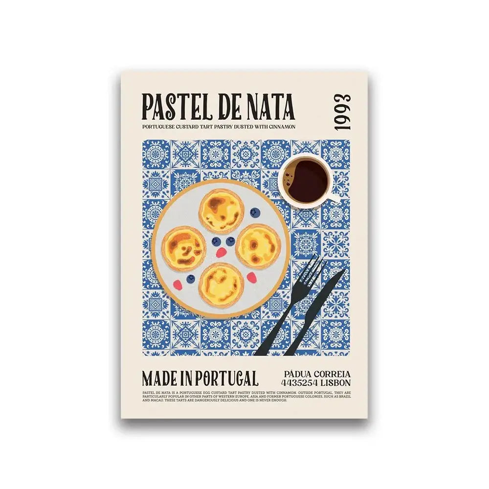 Beige canvas painting featuring world cuisine with golden-brown pastel de nata tarts on blue and white tiled background