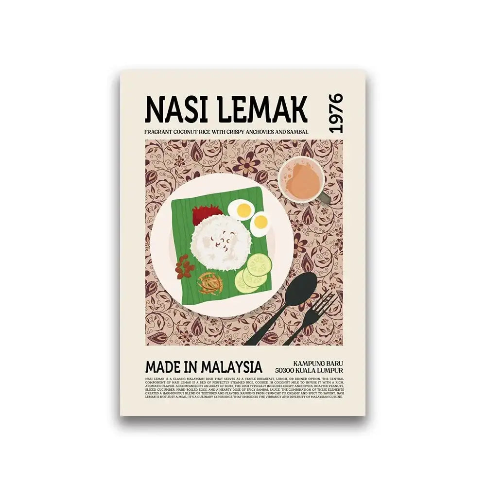 Decorbites™ world cuisine canvas print featuring vibrant nasi lemak illustration on green banana leaf for home decor