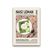 Decorbites™ world cuisine canvas print featuring vibrant nasi lemak illustration on green banana leaf for home decor