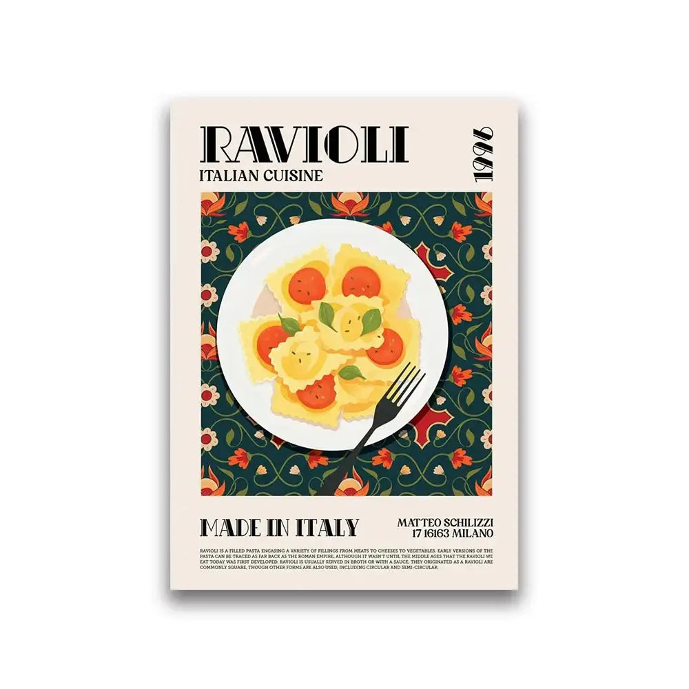 Decorbites™ world cuisine canvas print featuring yellow ravioli with tomato and basil on dark green floral background