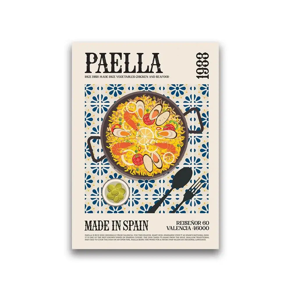 Decorbites™ world cuisine canvas painting featuring a vibrant paella dish with colorful seafood for home wall decor