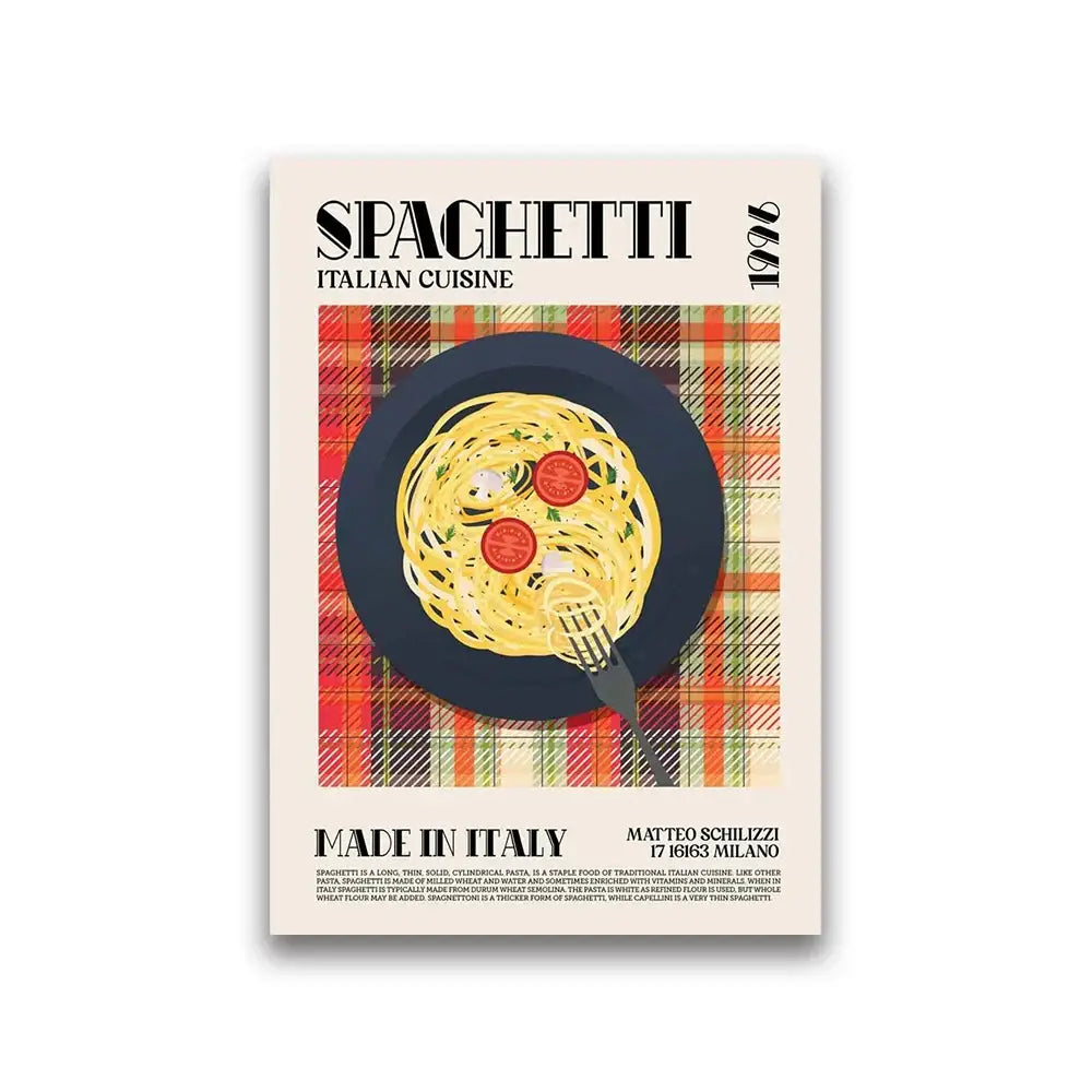 DecorBites™ world cuisine canvas painting featuring vintage spaghetti illustration on red plaid background for wall decor