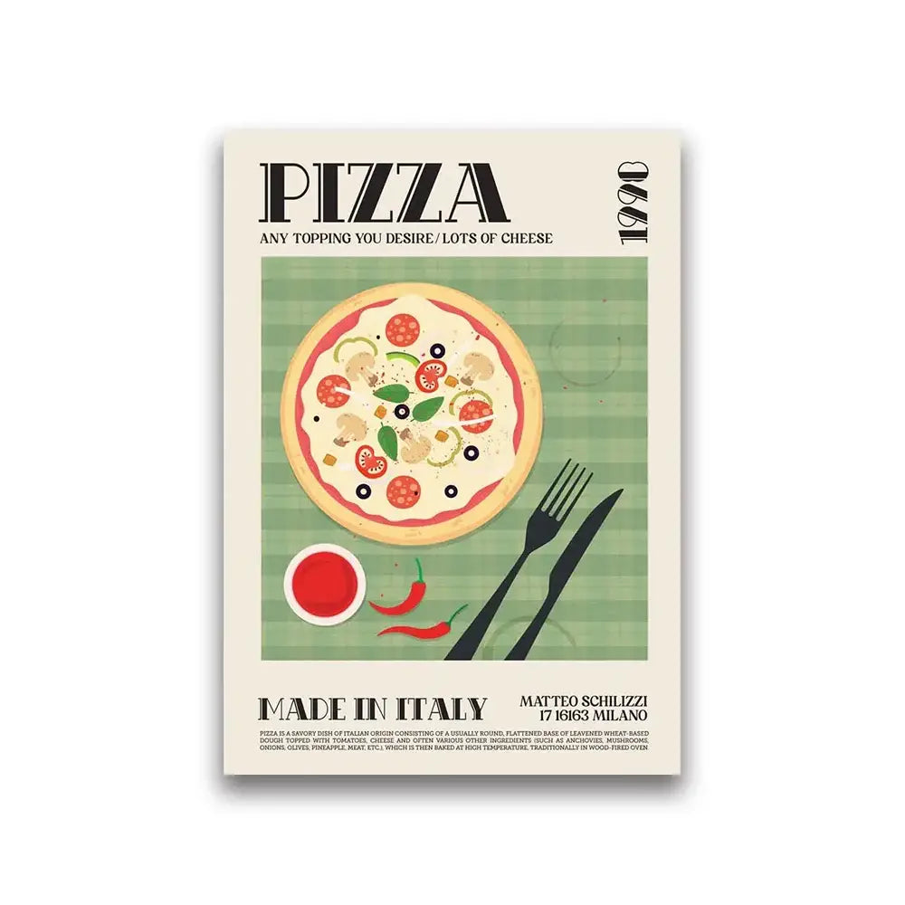 DecorBites™ world cuisine canvas painting featuring a vintage pizza with bold typography on a green striped background