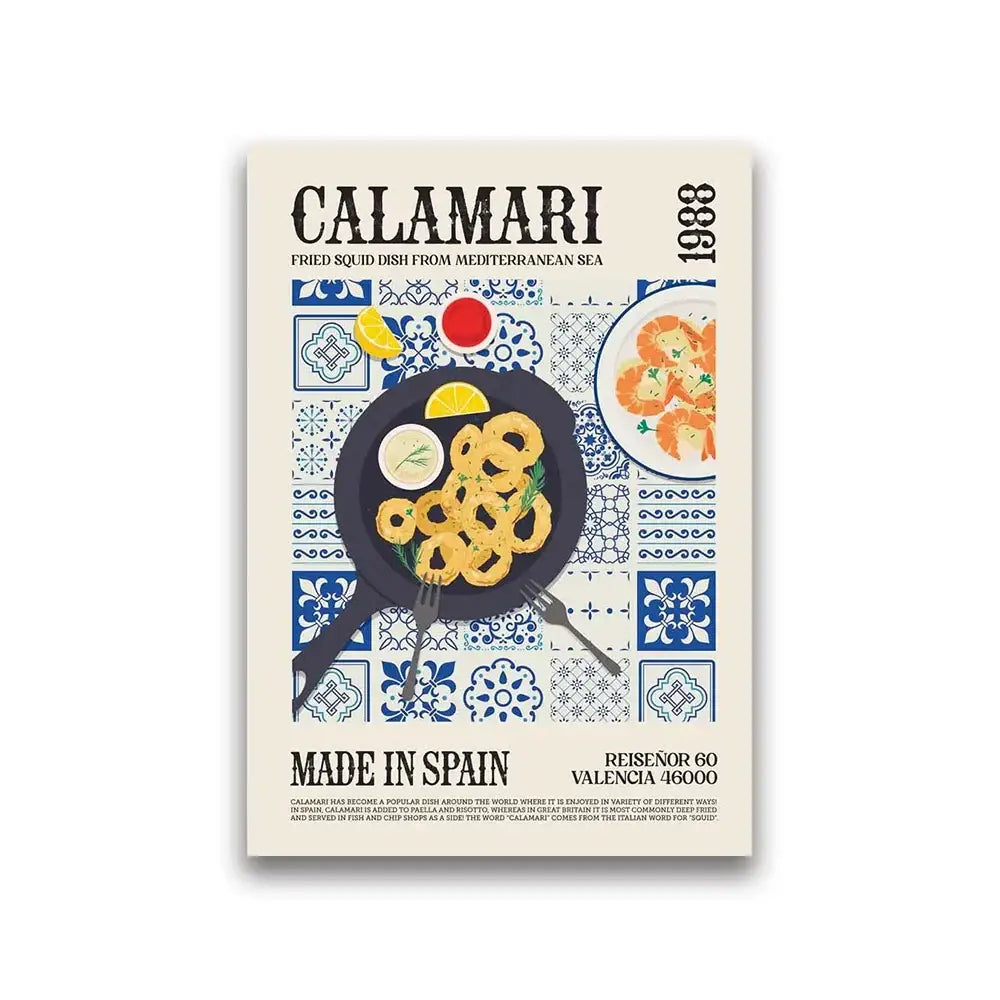 Decorbites™ world cuisine canvas print featuring vintage-style painting of fried calamari with lemon and herbs for wall decor
