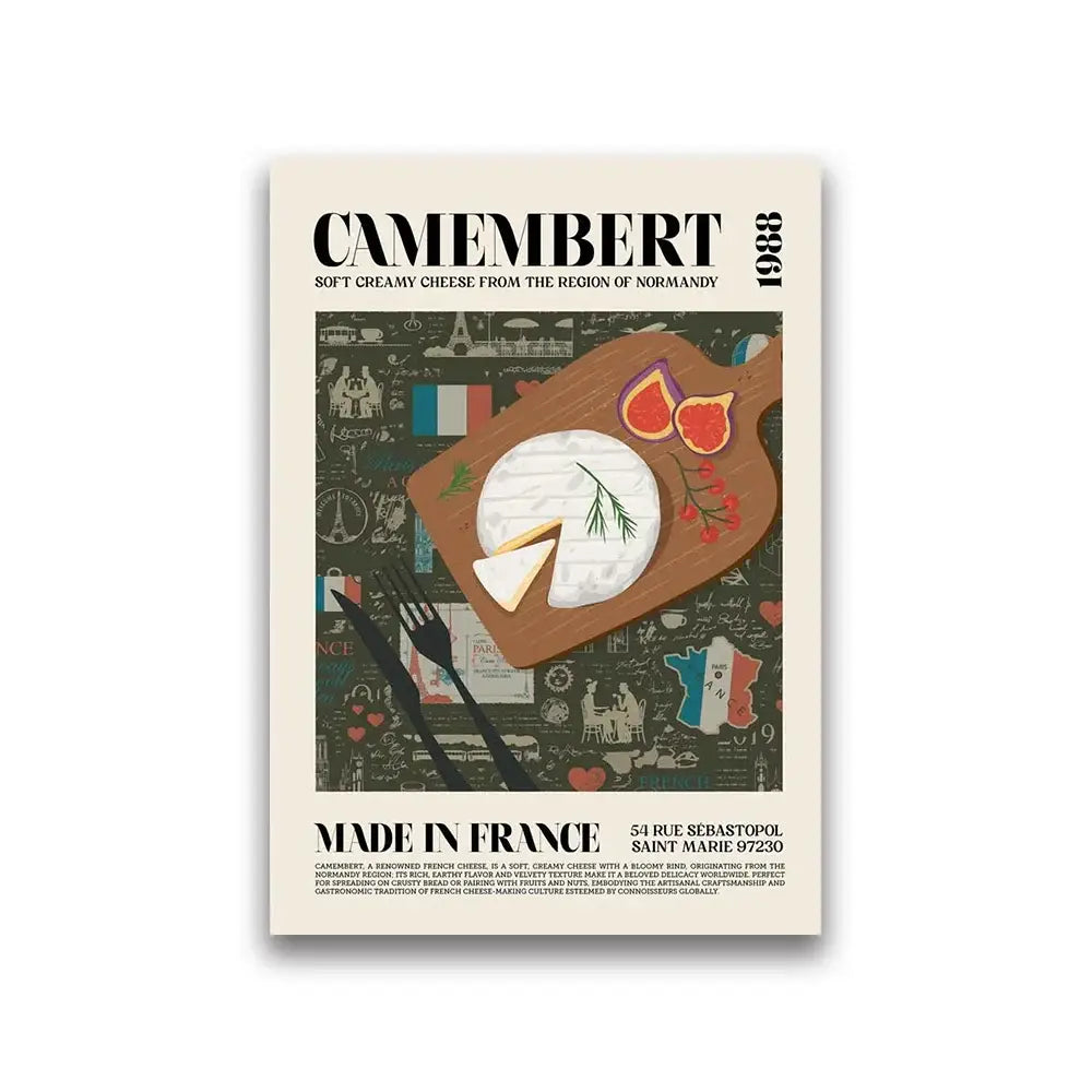 DecorBites™ world cuisine canvas painting featuring a white camembert cheese wheel with rosemary on wood board