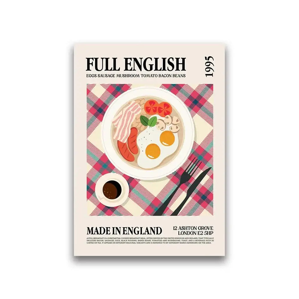 Vintage-style canvas painting of full english breakfast on white plate over red and blue plaid for world cuisine canvas decor