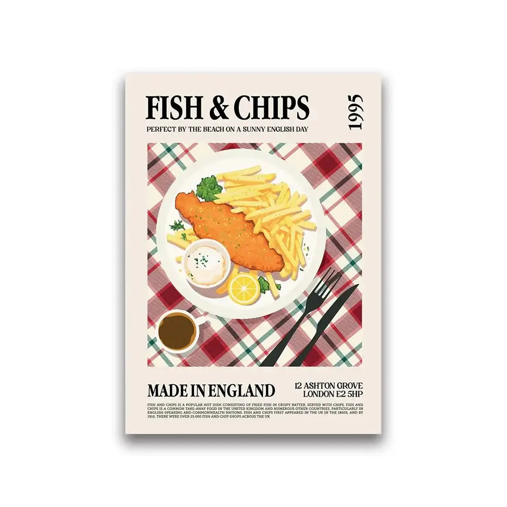 Decorbites™ world cuisine canvas painting featuring a golden fried fish fillet with fries for home wall decor