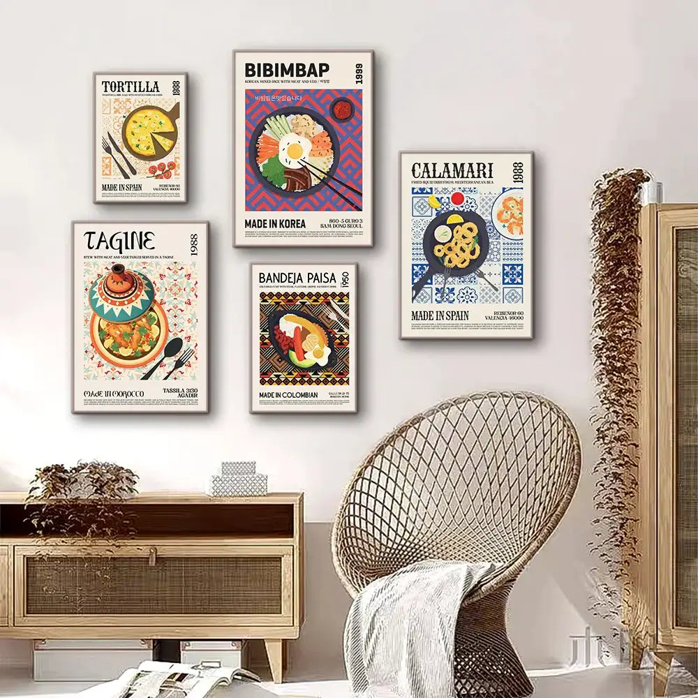 Woven wicker egg-shaped chair with gray throw beside decorbites™ world cuisine canvas painting for home wall decor
