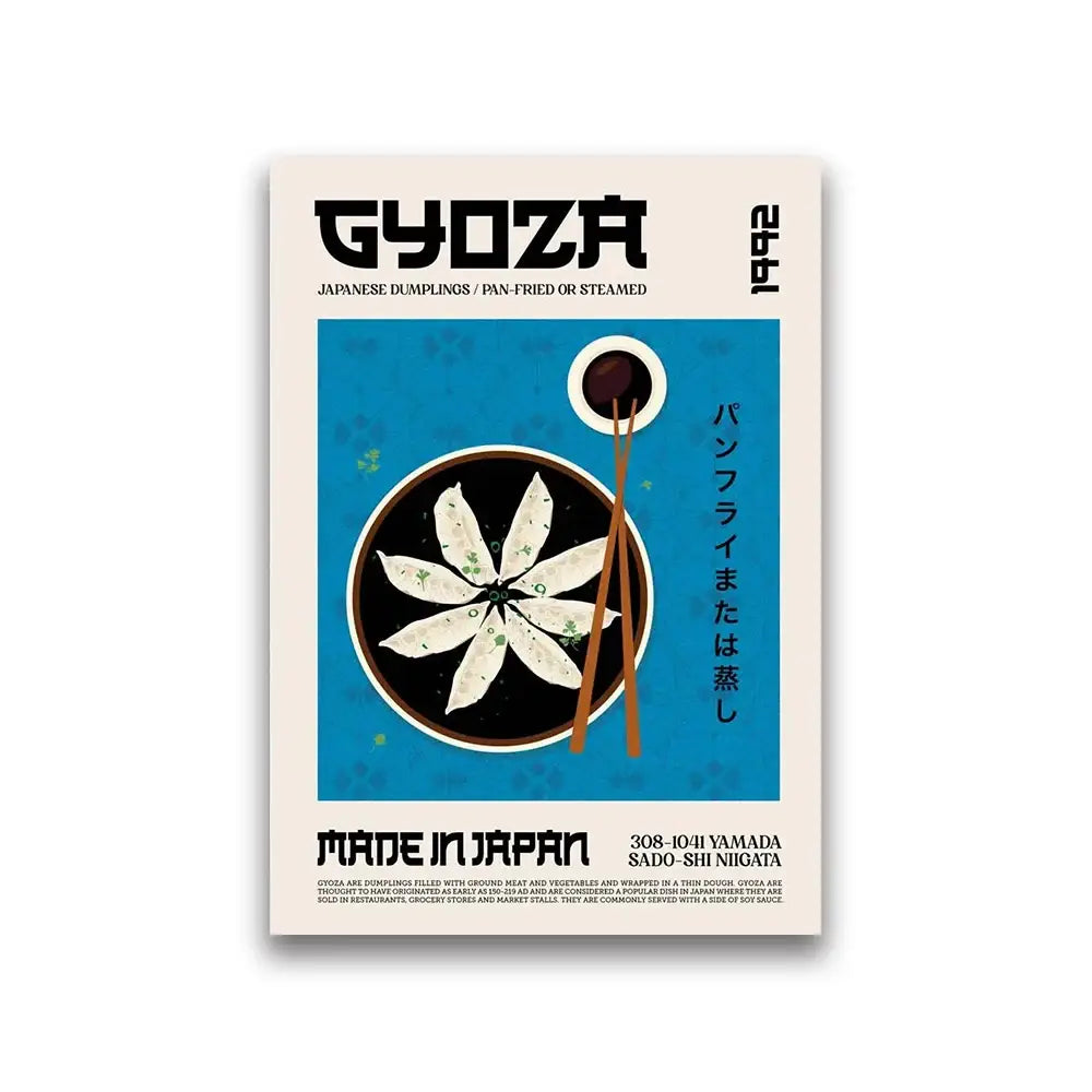 Minimalist japanese gyoza world cuisine canvas wall art with bold black typography and white dumplings on cream and blue background
