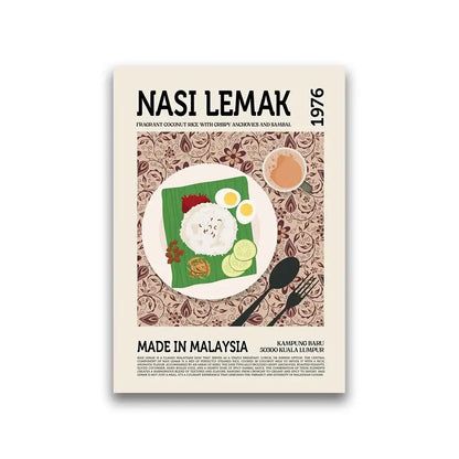 DecorBites™ world cuisine canvas wall art featuring vibrant nasi lemak illustration on green banana leaf