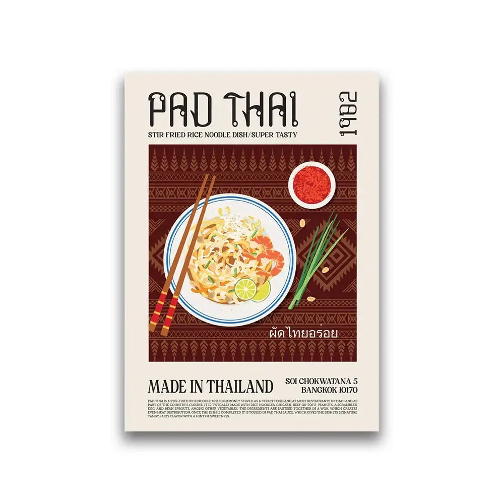 A vibrant pad thai illustration on a rectangular world cuisine canvas by DecorBites™ for wall art decor