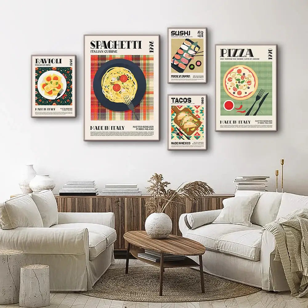 Set of five vintage-style world cuisine canvas posters featuring spaghetti pizza sushi tacos and ravioli on white wall