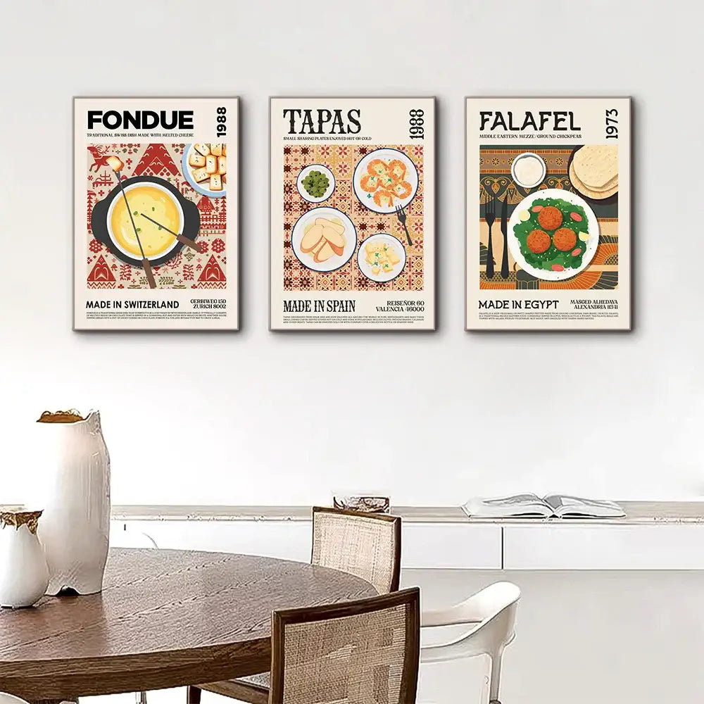 Three framed vintage-style world cuisine canvas posters featuring fondue tapas and falafel for decor and kitchen art