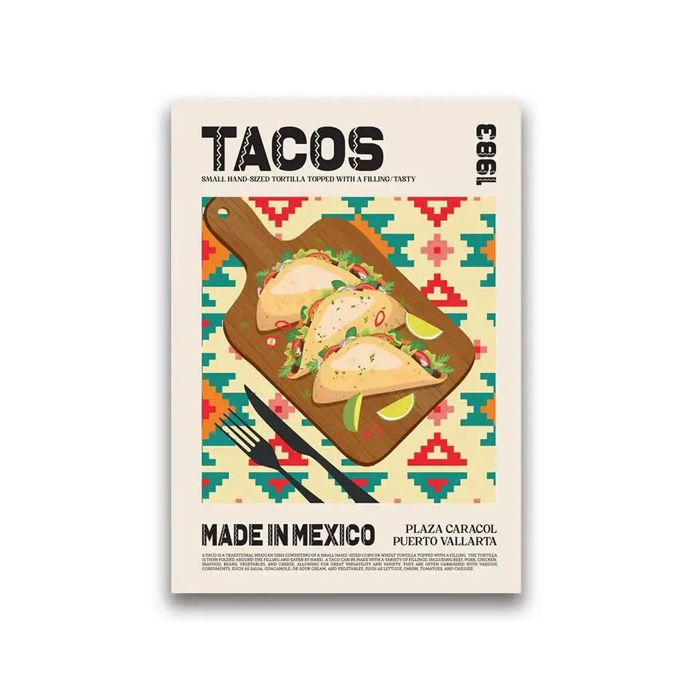Vibrant world cuisine canvas featuring three illustrated tacos on a wooden cutting board by DecorBites™