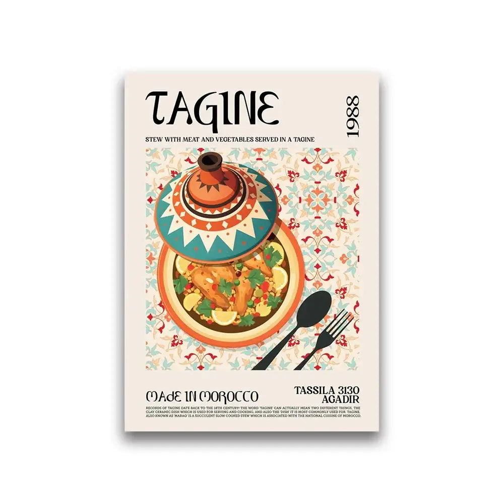 A vibrant ceramic tagine with turquoise and orange geometric design featured in decorbites™ world cuisine canvas wall art
