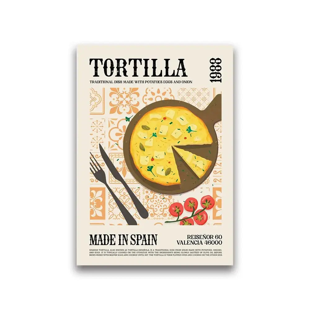 DecorBites™ world cuisine canvas featuring a vibrant yellow Spanish tortilla in a dark skillet with fresh herbs and tomatoes