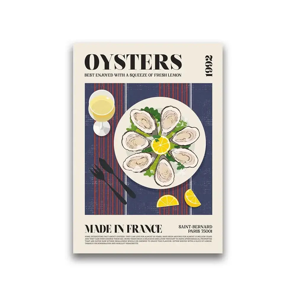 Vintage-style DecorBites™ world cuisine canvas featuring oysters on a white plate with lemon on navy striped background