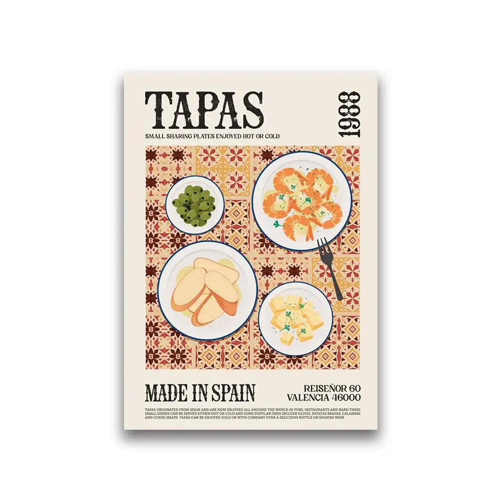 Decorbites™ world cuisine canvas wall art vintage-style rectangular canvas painting with tapas plates on patterned tile background