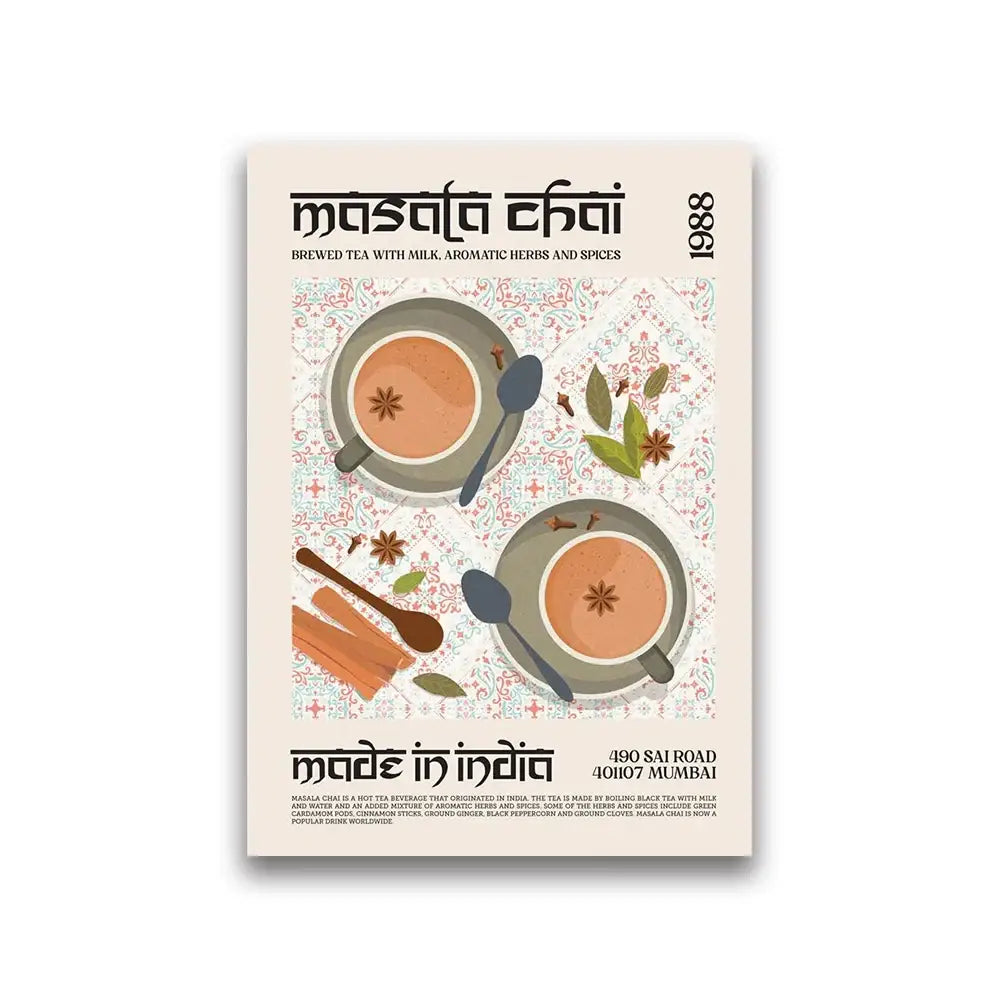 Beige DecorBites™ world cuisine food canvas print featuring illustrated masala chai cups with spices on patterned background