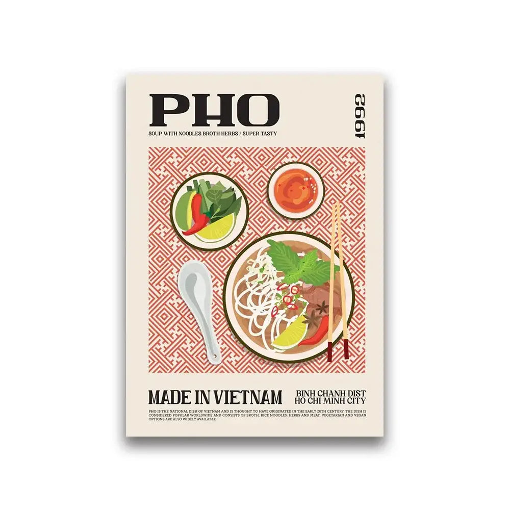 DecorBites™ vintage-style world cuisine food canvas print featuring a bowl of pho for home decor
