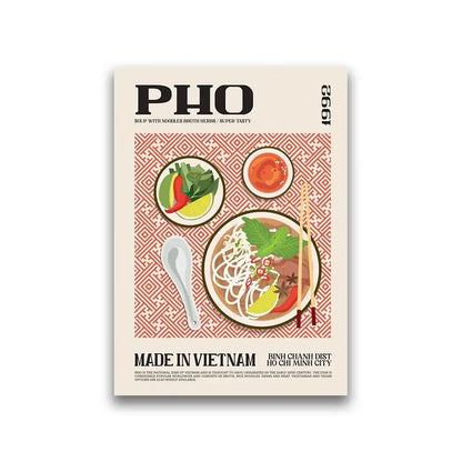 A vintage-style food canvas by DecorBites featuring stylized pho on a patterned background for world cuisine home decor