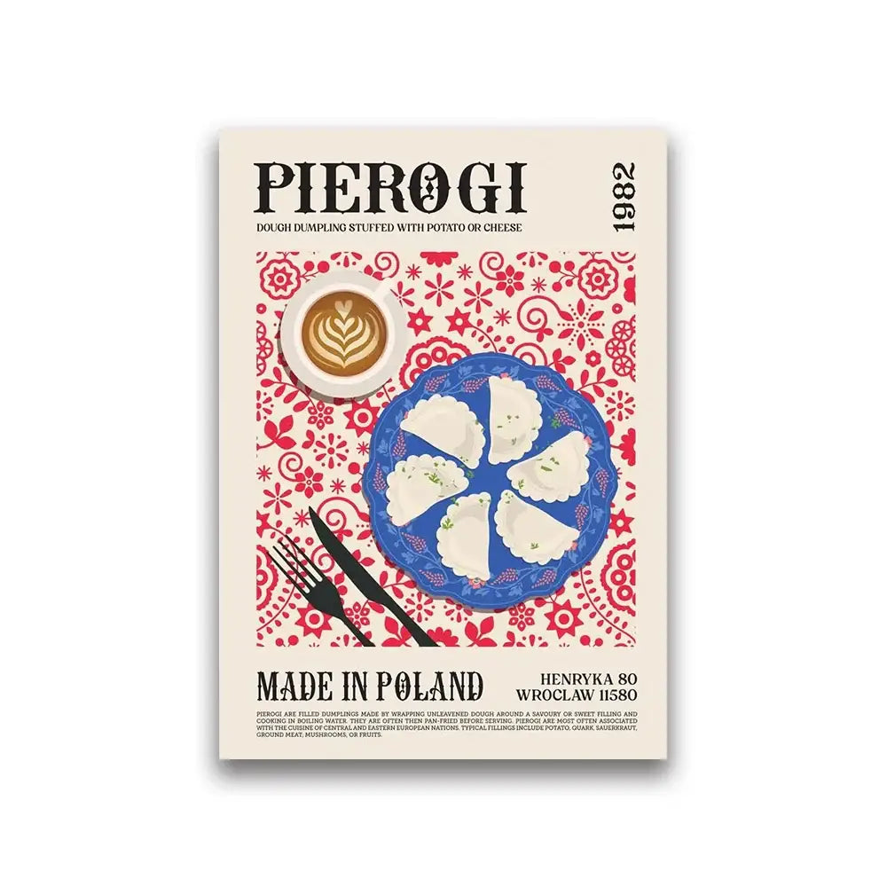 Decorbites™ world cuisine food canvas wall art featuring a polished blue ceramic plate with white pierogi