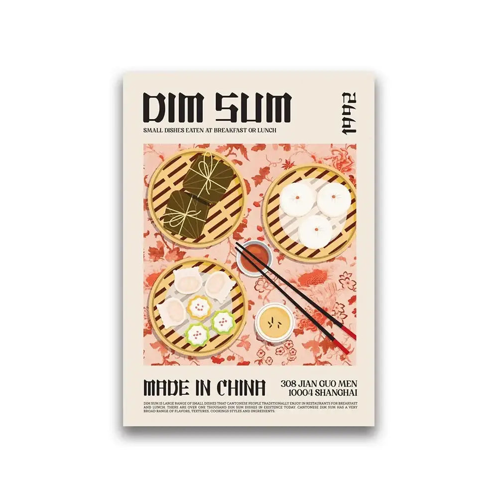 A rectangular decorbites™ food canvas wall art featuring colorful world cuisine food dim sum dishes in bamboo steamers