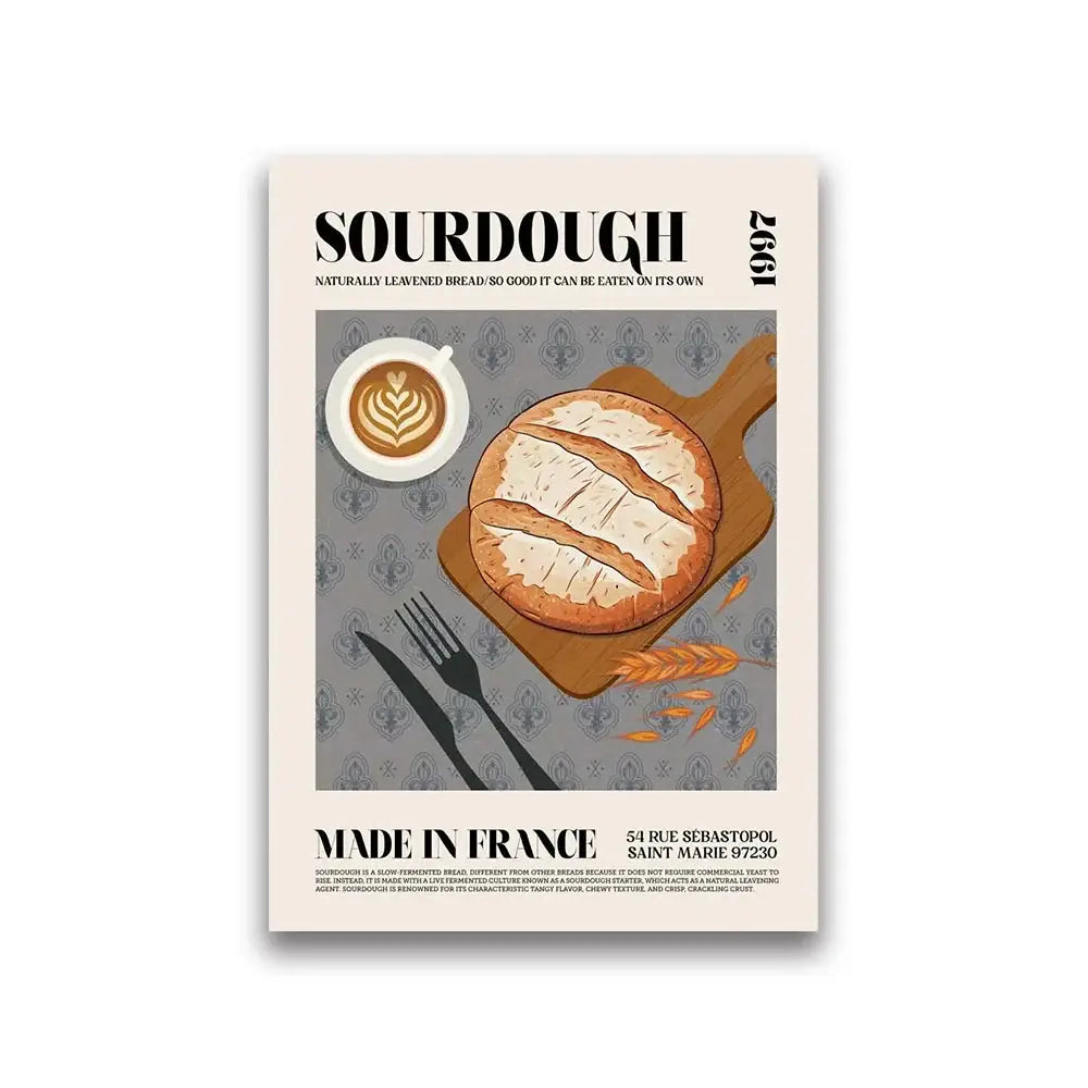 DecorBites™ world cuisine food canvas wall art features a rustic cutting board with sourdough and latte art