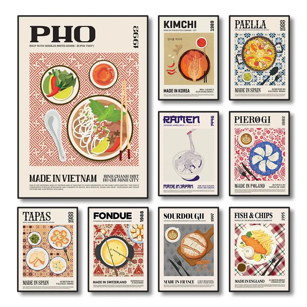 Set of nine vintage-style food canvas posters featuring world cuisine food dishes for decorative wall art by DecorBites™
