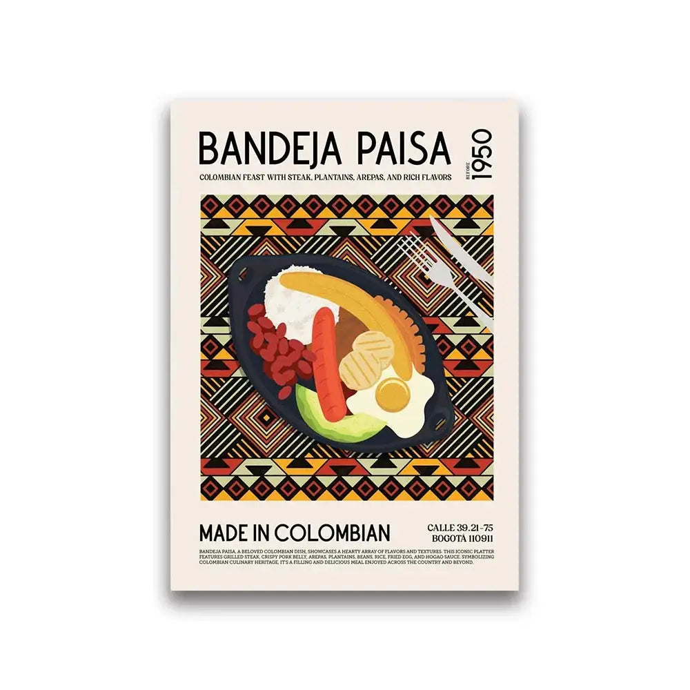 A stylized food canvas wall art by decorbites featuring a black skillet with colorful colombian bandeja paisa ingredients and an earthy geometric pattern showcasing world cuisine food