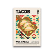 Vibrant geometric-patterned food canvas showing three illustrated tacos on wooden board for world cuisine decor