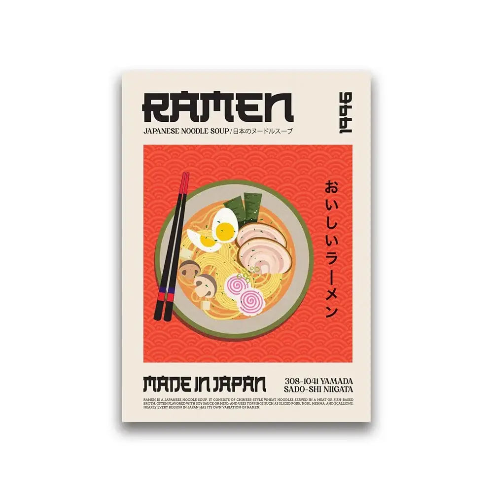 A vibrant red and cream food canvas featuring stylized ramen bowl art for world cuisine food decor by decorbites