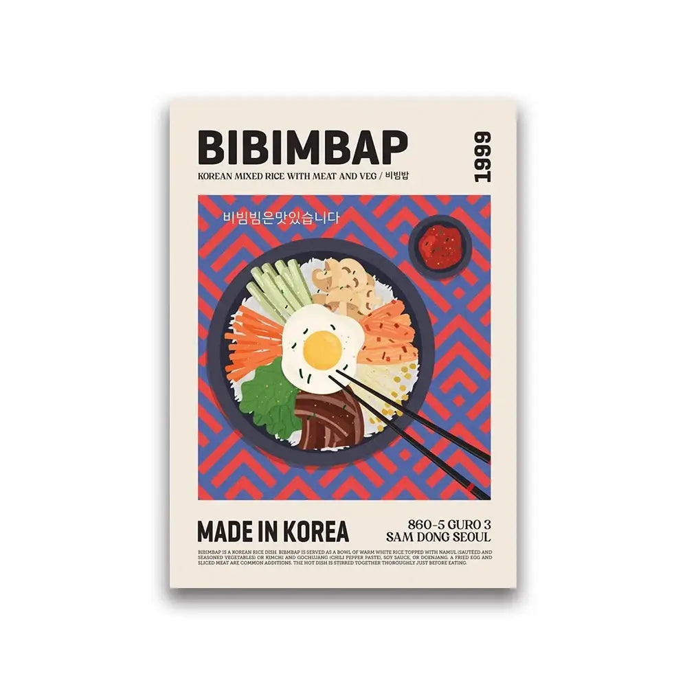 A vibrant colorful food canvas featuring bibimbap with chopsticks in decorbites™ world cuisine food wall art
