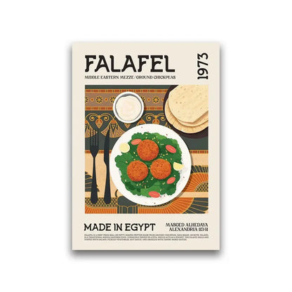 A vintage-style DecorBites™ world cuisine food canvas featuring golden-brown falafel on green lettuce with tomatoes