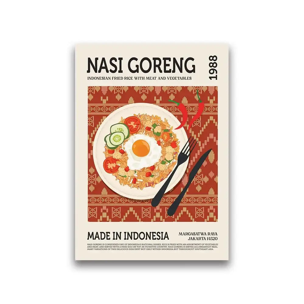 DecorBites™ vintage-style food canvas featuring nasi goreng with egg on red ornate background world cuisine food art