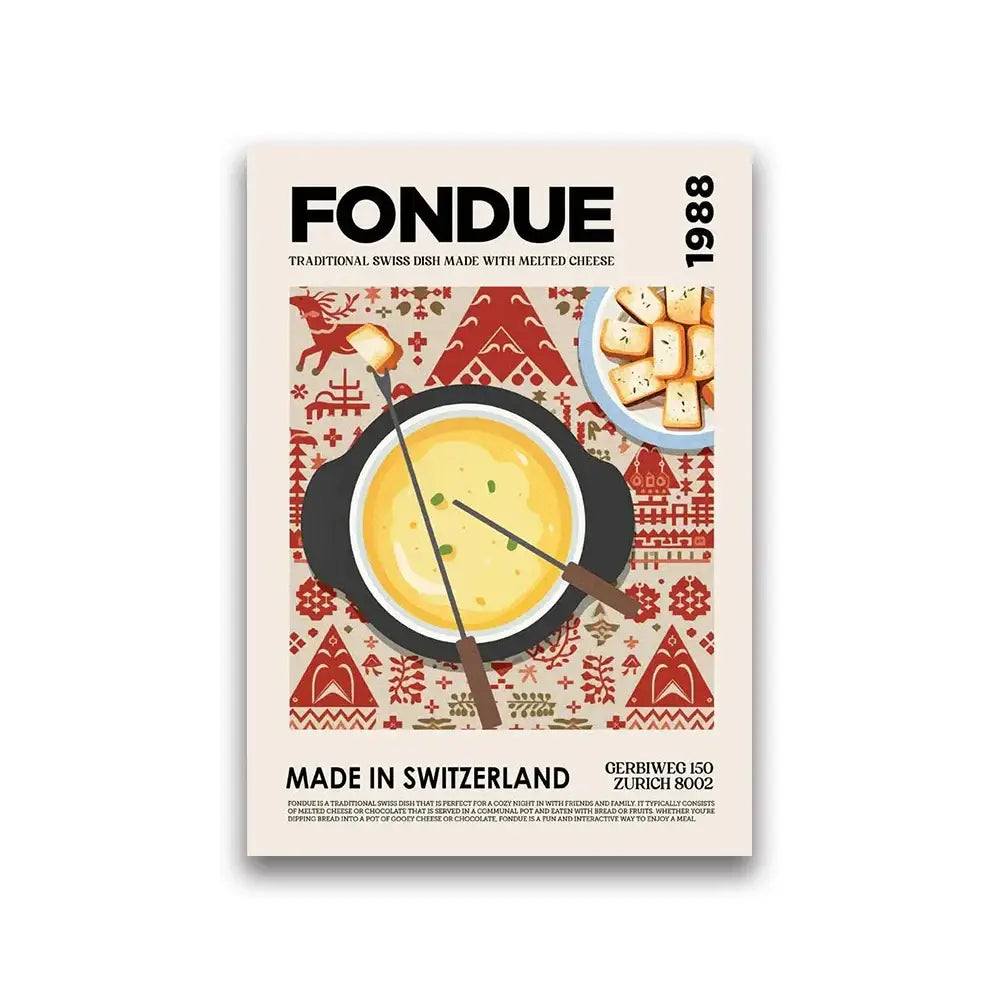 Decorbites™ world cuisine food canvas wall art featuring vintage fondue pot with melted cheese and red geometric patterns