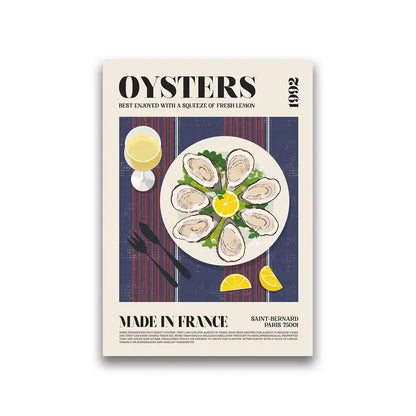 Vintage-style decorbites™ world cuisine food canvas featuring oysters on a white plate with lemon on navy stripes