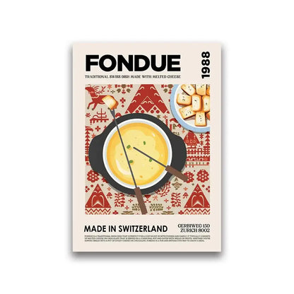 A vintage-style decorbites™ world cuisine food canvas wall art featuring a fondue pot with melted cheese and bread cubes