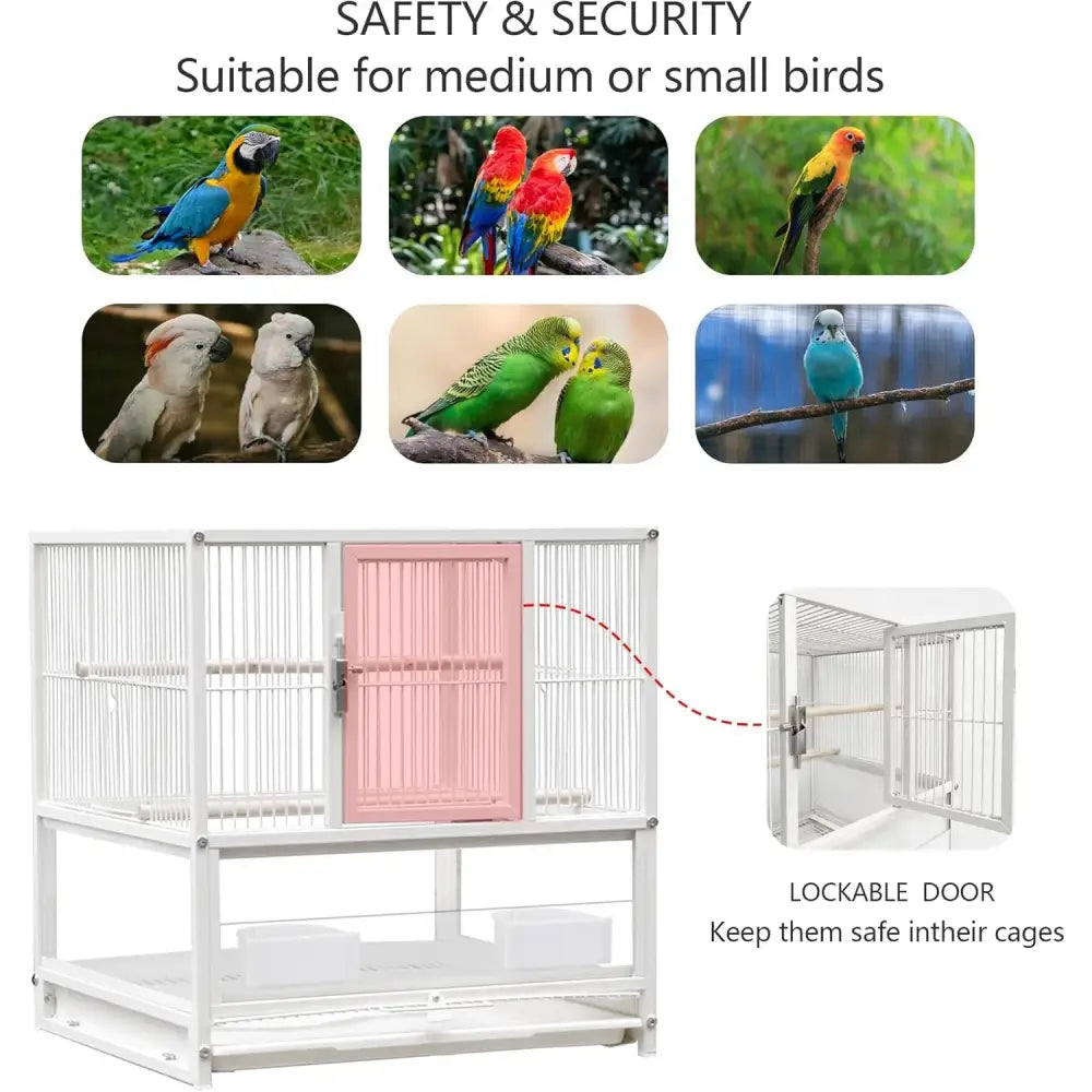 White wrought iron bird cage with a pink lockable door by DecorBites for conures and lovebirds 30 inch tall