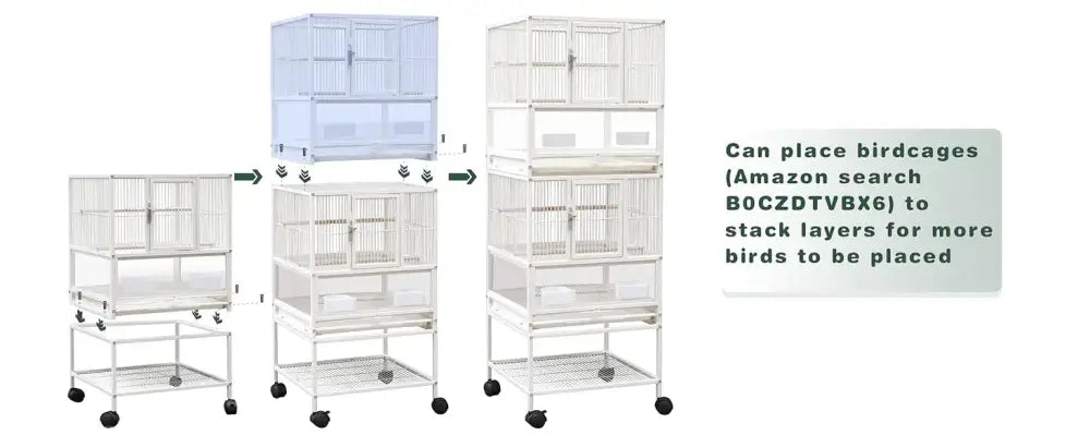 White wrought iron bird cage with multiple stacked layers and wheels for mobility by DecorBites for conures and lovebirds