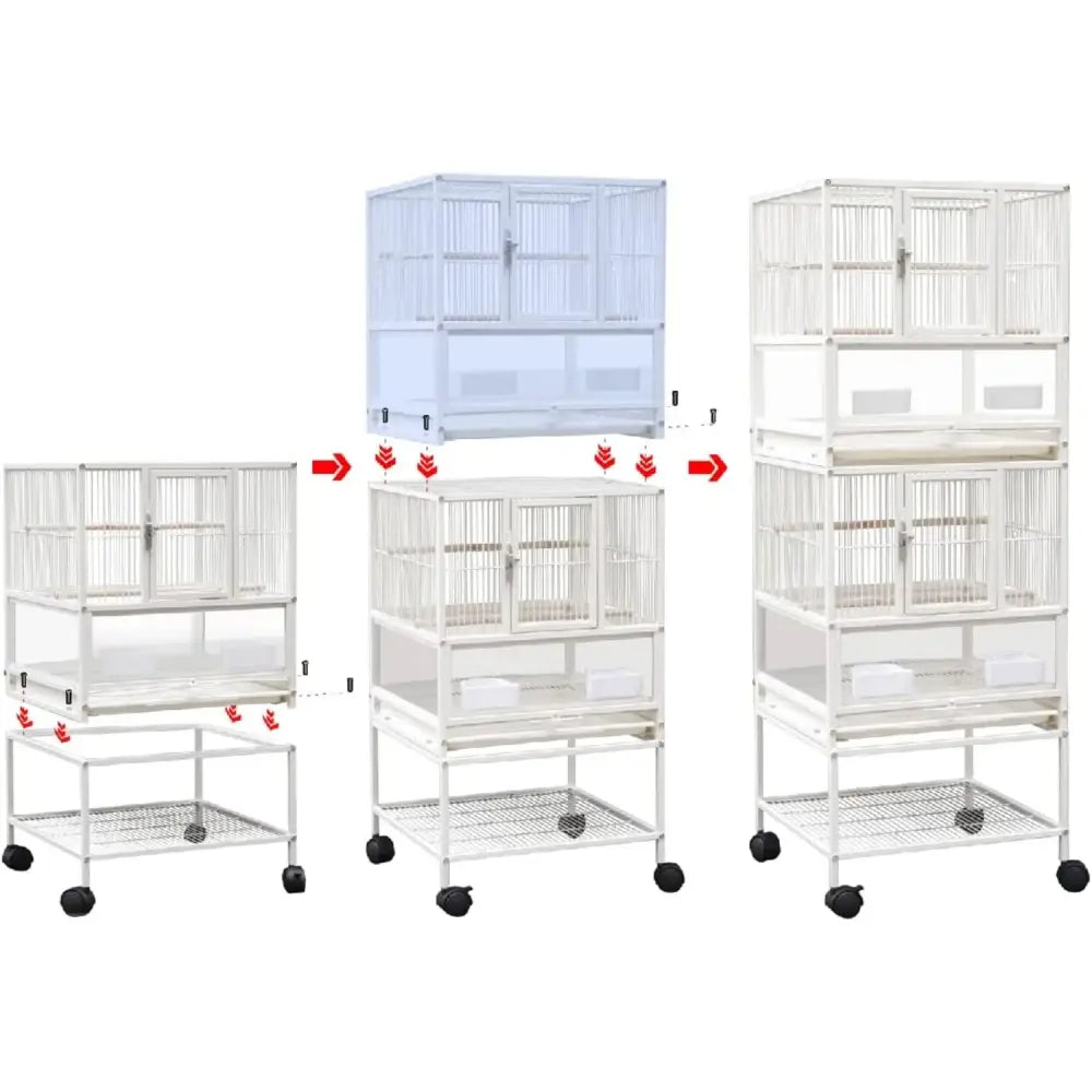 White wrought iron bird cage with multiple levels sliding doors and black caster wheels for conures and lovebirds