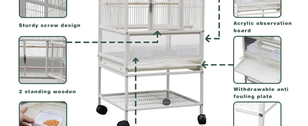 White wrought iron bird cage with acrylic observation board and wheels for conures and lovebirds by DecorBites