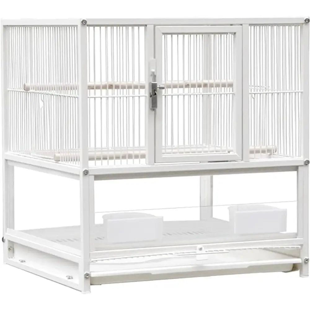 Decorbites wrought iron bird cage in white with double-door design and two perches for conures and lovebirds