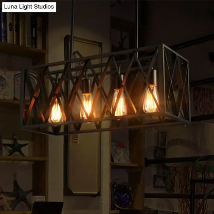 DecorBites™ wrought iron black rectangular hanging light fixture with exposed filament bulbs for bar island lighting