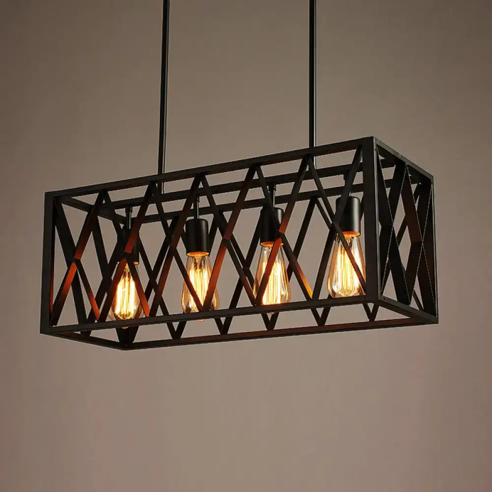 DecorBites™ wrought iron black rectangular hanging light fixture with four exposed Edison bulbs for industrial style lighting