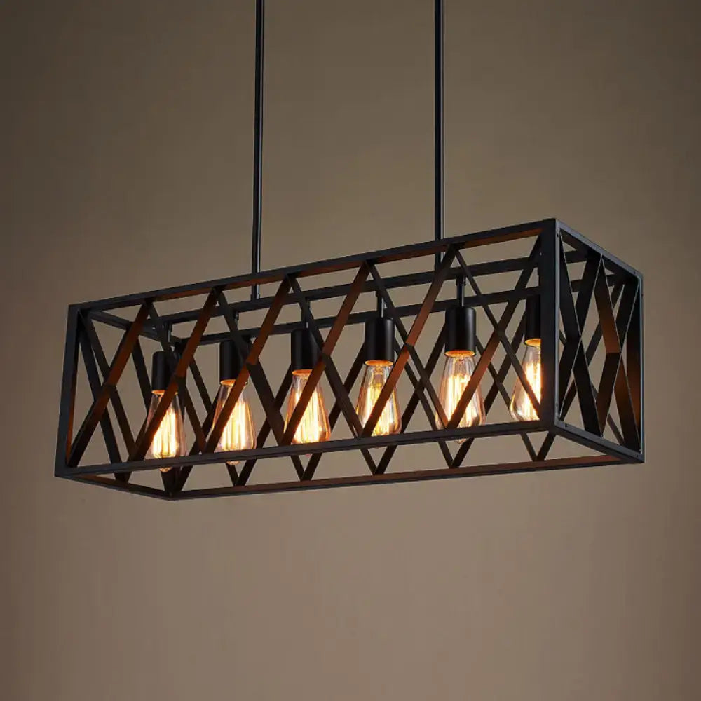 DecorBites wrought iron black rectangular hanging light fixture with geometric lattice and five Edison bulbs for bar island lighting