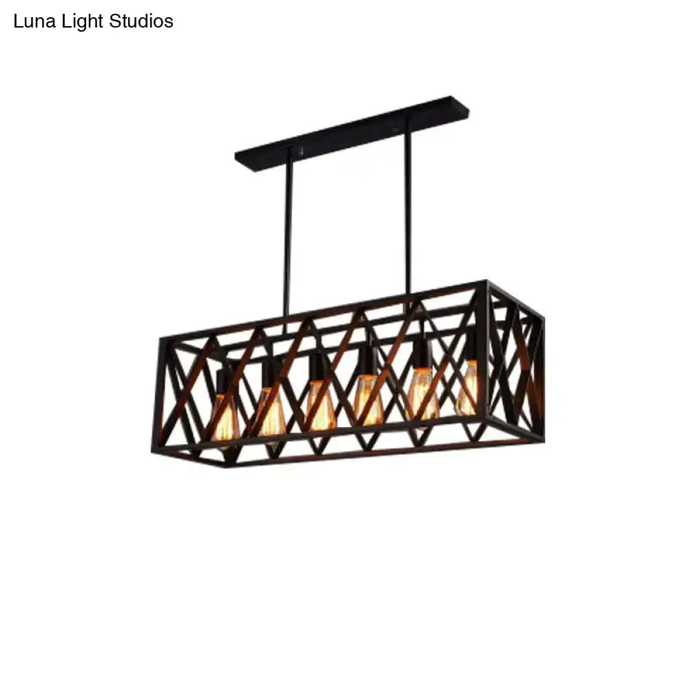 DecorBites wrought iron black rectangular hanging light fixture with five exposed Edison bulbs for industrial style lighting