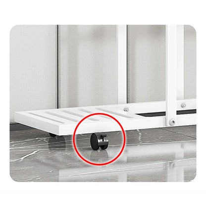 Black caster wheel attached to white wrought iron plant stand for easy mobility in the decorbites™ plant stand